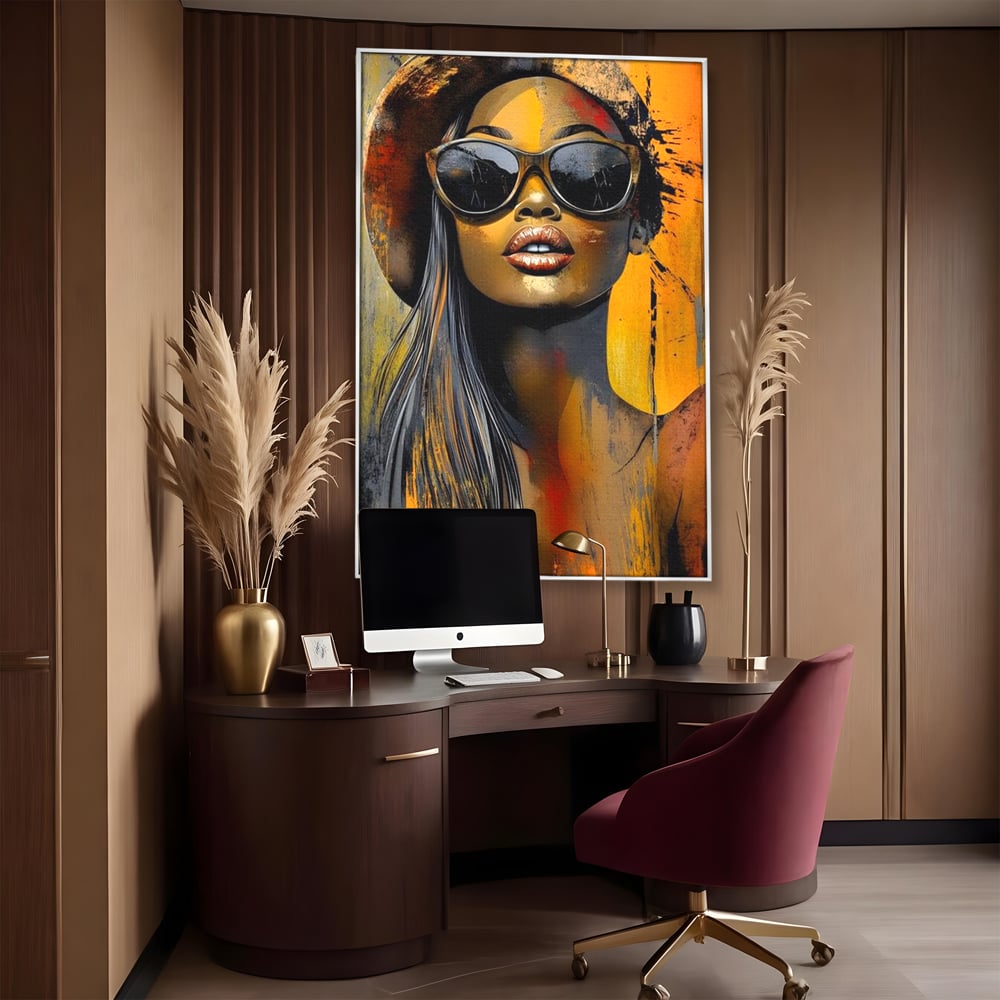 Tablou canvas cu tablou canvas cu portret de femeie ochelari de soare, in rama de aluminiu argintiu, pe perete intr-un birou